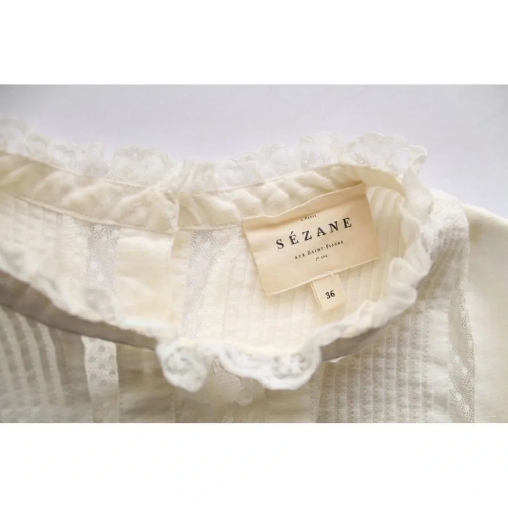 Sezane Antonia Linen Blouse White Size 36 Lace Trim - Picture 7 of 10